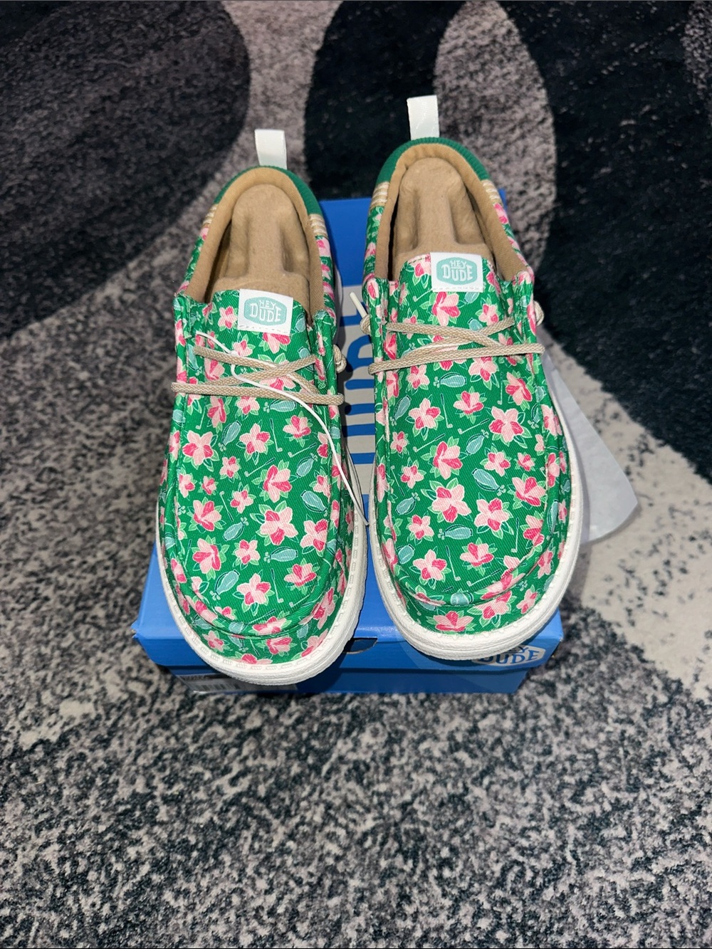 Hey Dude Women Green Floral Slip-On Sneakers with Pink Flowers